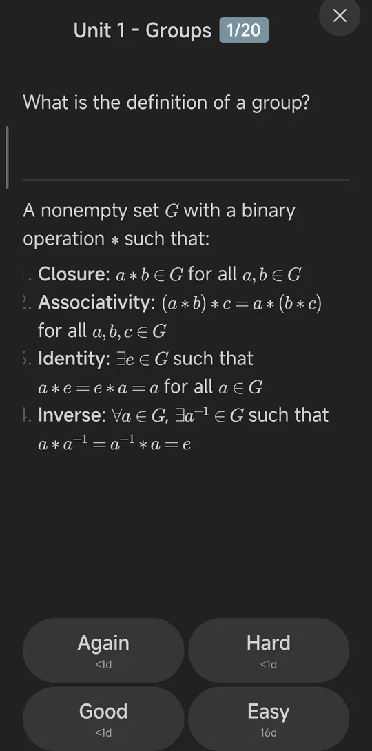 Lemma review screen in the Obsidian mobile app, full screen, with the same group-definition card and four large rating buttons.